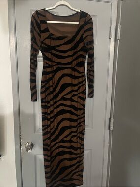 Fashion Nova Brown and Black Zebra-Print Long Sleeve Maxi Dress